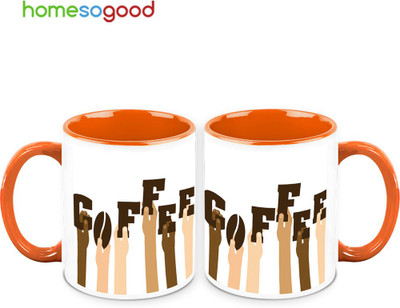 37% OFF on HomeSoGood Raise Your Hands For Coffee QTY 2 Ceramic Mug 325 ml, Pack of 2