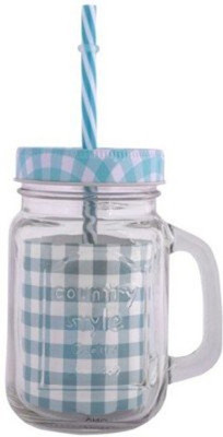 Satyam Kraft Mason Glass Jar - GREEN Pattern Lid With Folded Straw And Handle Glass Mug (502 Ml)