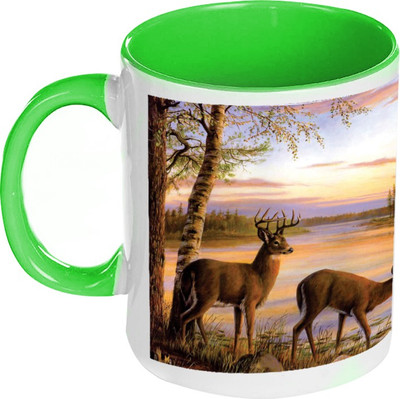 58% OFF on AMY Amyy Two Deer Lake Side Inside Green Coffee Ceramic Mug 325 ml