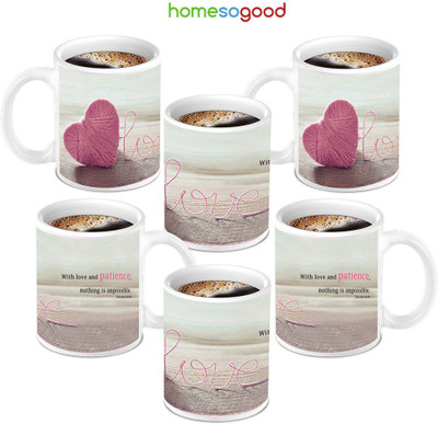 49% OFF on HomeSoGood Great Woolen Patience Heart Love Ceramic Mug 280 ml, Pack of 6
