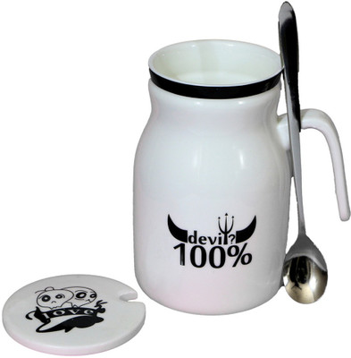 Satyam Kraft Devils With Metal Spoon And Lid Ceramic Mug (340 Ml)