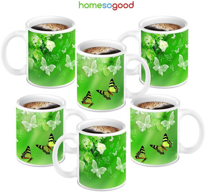49% OFF on HomeSoGood Lovely Butterfly's Design Ceramic Mug 280 ml, Pack of 6