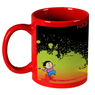 56% OFF on AMY Cute Kids Playing With Balloon Happy Holi Red Ceramic Mug 325 ml