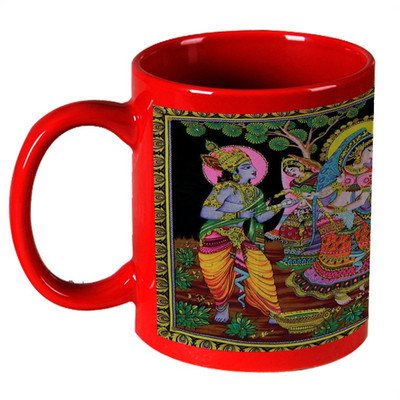 56% OFF on AMY Beautiful Raadha Krishna Playing Holi Painting Red Ceramic Mug 325 ml