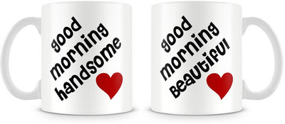 Engrave Good Looking Mornings Ceramic Mug 350 ml, Pack of 2 Engrave Good Looking Mornings Ceramic Mug 350 ml, Pack of 2
