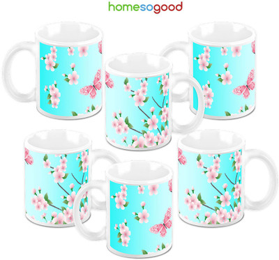 49% OFF on Homesogood Ceautiful Fying Butterflies Pack Of 6 Ceramic Mug 325 ml, Pack of 6