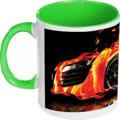 AMY 3d Car Fire Flame Inside Green Coffee Ceramic Mug 325 ml