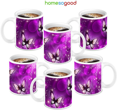 49% OFF on HomeSoGood Three Awesome Butterfly's On Coffee Ceramic Mug 280 ml, Pack of 6