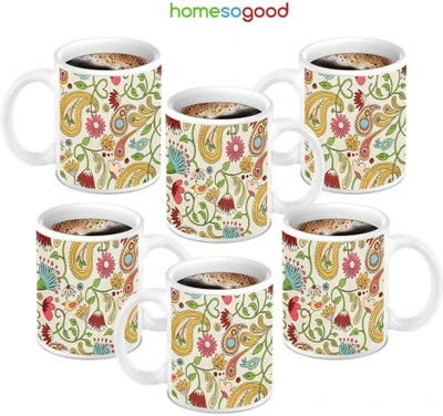 49% OFF on HomeSoGood Colorful Floral Pattern Ceramic Mug 280 ml, Pack of 6