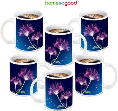49% OFF on HomeSoGood Pink Flower With Blue 6 Mugs Ceramic Mug 280 ml, Pack of 6