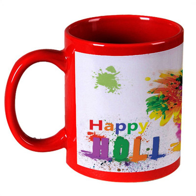 56% OFF on AMY Colorfull Happy Holi Massege With Flower Red Ceramic Mug 325 ml