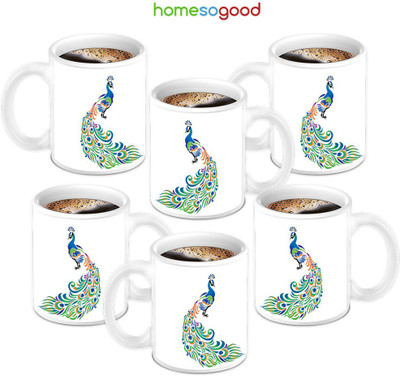 49% OFF on HomeSoGood Beautiful Peacock Coffee 6 Mugs Ceramic Mug 280 ml, Pack of 6