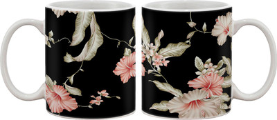 15% OFF on Artifa Pink Flowers On Black Background Porcelain, Ceramic Mug 350 ml