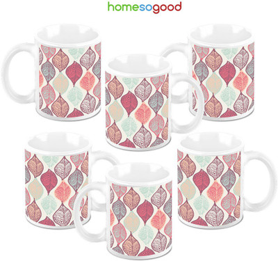 49% OFF on HomeSoGood Lovely Designs On Leaves Ceramic Mug 325 ml, Pack of 6