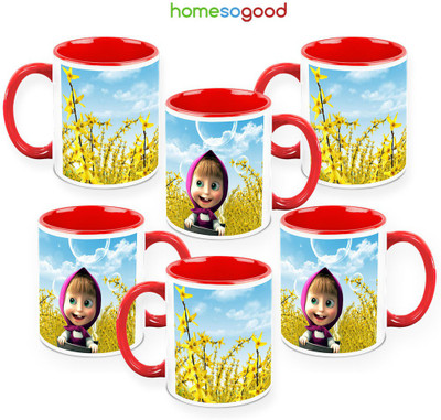 41% OFF on HomeSoGood Cute Masha On QTY 6 Ceramic Mug 325 ml, Pack of 6