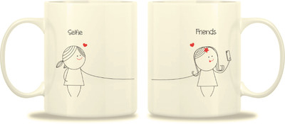 TwoGud Selfie Friends Bone China Mug 400 ml, Pack of 2