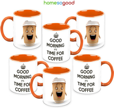 41% OFF on HomeSoGood It'S Time For Coffee QTY 6 Ceramic Mug 325 ml, Pack of 6