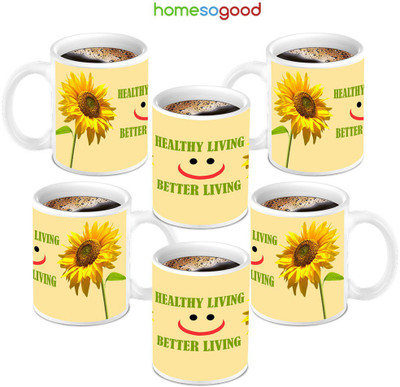49% OFF on HomeSoGood Sun Flower For Healthy Living Ceramic Mug 280 ml, Pack of 6
