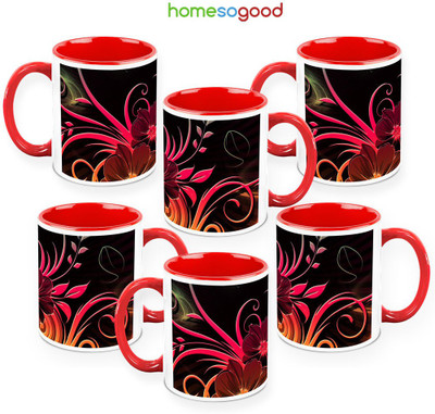 41% OFF on HomeSoGood Ultimate Flower Design QTY 6 Ceramic Mug 325 ml, Pack of 6