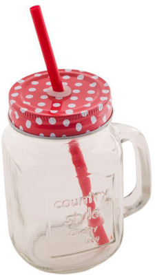 Satyam Kraft Mason Glass Jar - RED Pattern Lid With Folded Straw And Handle Glass Mug (500 Ml)