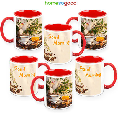 41% OFF on HomeSoGood A Herbal Start To The Morning Pack Of 6 Ceramic Mug 325 ml, Pack of 6