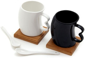 MOM Italy B&W 2 Cups With Spoons And Coasters Mug - Black, White, Pack Of 6