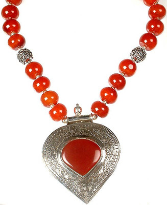 Exotic India Beaded Carnelian Sterling Silver Necklace