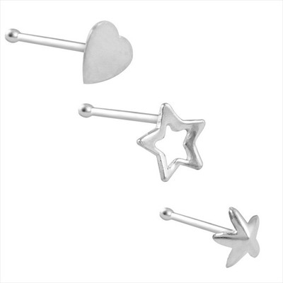 63% OFF on 925 Silver Combo Designer Nose Pin Set-16782 Silver Nose Stud Set Pack of 3