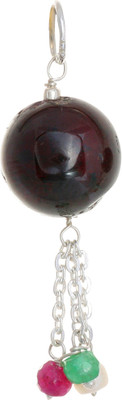 Exotic India Designer Garnet, Emerald, Pearl Sterling Silver Pendant