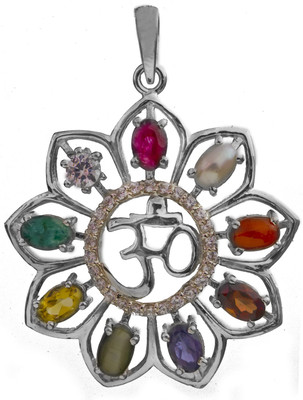 Exotic India Superfine Navaratna OM AUM Sterling Silver Pendant