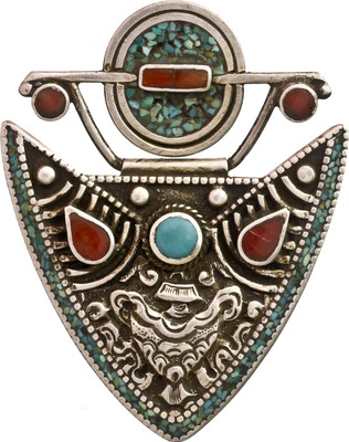 Exotic India Vase Turquoise, Coral Sterling Silver Pendant