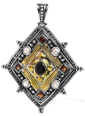 Exotic India Rhombus Garnet, Pearl Sterling Silver Pendant
