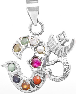 Exotic India Om Aum Navaratna Sterling Silver Pendant