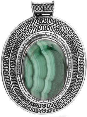 Exotic India Large with Filigree Malachite Sterling Silver Pendant