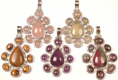 Exotic India Lot Of Five Amethyst, Quartz Sterling Silver Pendant Set