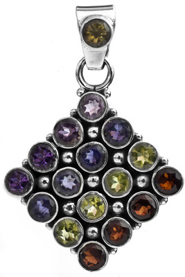Exotic India Gemstone Rhombus Amethyst, Peridot, Garnet, Citrine Sterling Silver Pendant