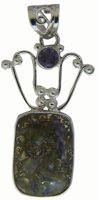 Exotic India Designer Agate, Amethyst Sterling Silver Pendant