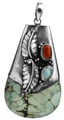 Exotic India Spider's Web Turquoise, Coral Sterling Silver Pendant