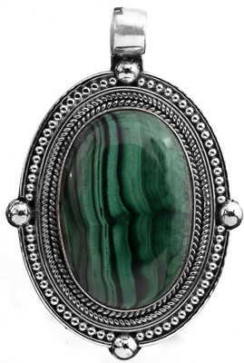 Exotic India Oval Malachite Sterling Silver Pendant
