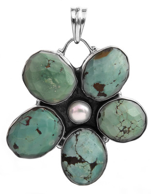 Exotic India Faceted Flower Turquoise, Pearl Sterling Silver Pendant Exotic India Faceted Flower Turquoise, Pearl Sterling Silver Pendant
