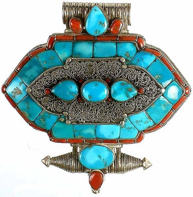 Exotic India Filigree Turquoise, Coral Sterling Silver Pendant