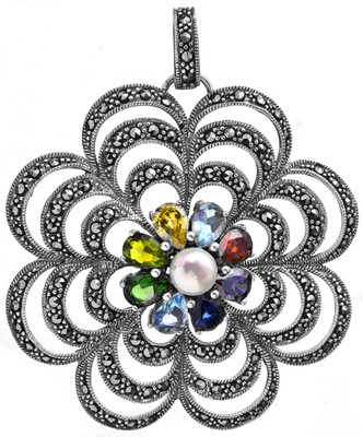 Exotic India Flower Zircon, Pearl Sterling Silver Pendant