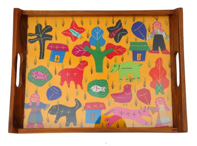 16% OFF on Indikala Applique Work 15 Inch X 11 Inch Hammered Wood Tray Yellow, Brown, Pack of 1