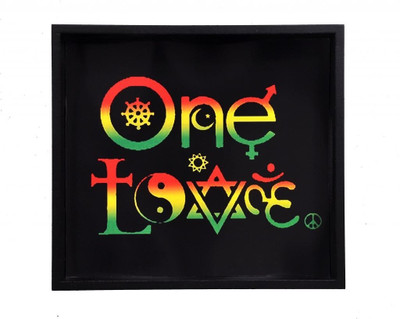 50% OFF on Indigo Creatives Designer Universal One Love Motiff Bar Glass Cup Printed Wood Tray Multicolor, Pack of 1