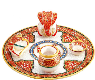 28% OFF on Aapno Rajasthan Kundan Studded Hand Painted Aarti Marble Pooja & Thali Set
