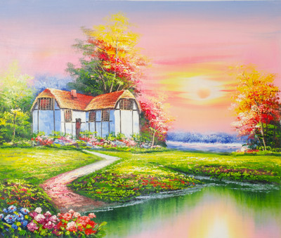 27% OFF on Handmade Oil Painting On Canvas - Countryside Sunset By ArtSIngh (26 x 24 inch) Canvas Art