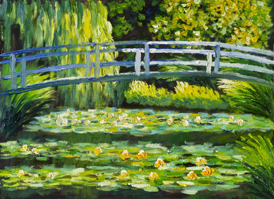 44% OFF on Handmade Oil Painting On - Lillies By the Bridge By ArtSingh (12x16 inch) Canvas Art