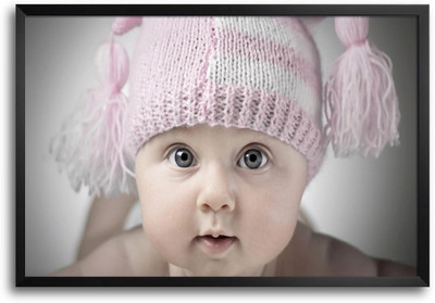 46% OFF on Baby Infant with Pink Woolen Cap Laminated Framed Paper Print