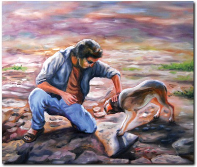 69% OFF on Stybuzz Man With Dog Painting Frameless Canvas Art