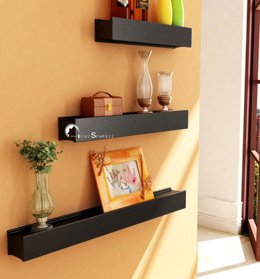 62% OFF on Home Sparkle Rail Joint Shaped Wooden Wall Shelf Number of Shelves - 3, Black